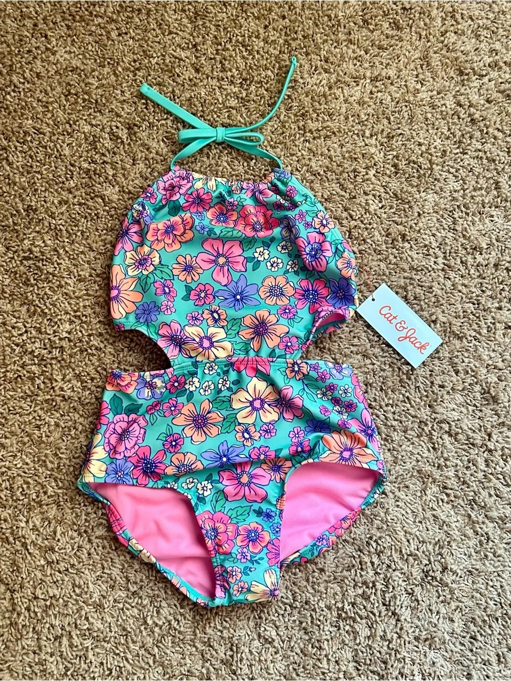 NWT ✨Cat & Jack Turquoise Floral Halter Swimsuit with skirt